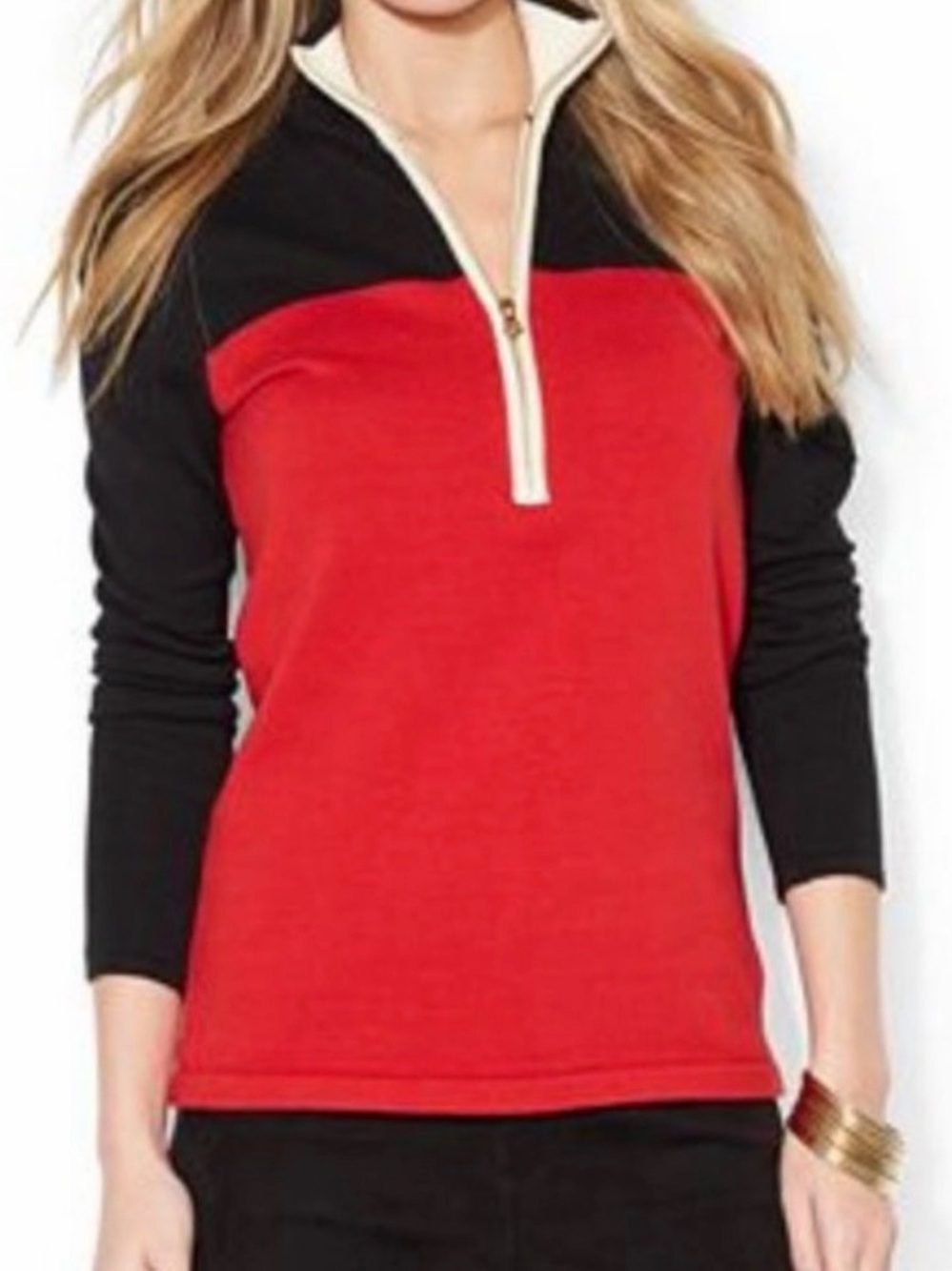 Lauren Ralph Lauren 1/4 Zip Color-block Sweater Red Black Sz Large